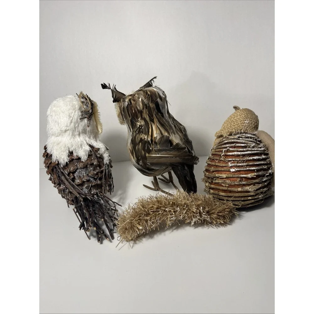 2 Realistic Horned Owl Bird Figures Feathers Natural RUSTIC 1 Squirrel Bundled